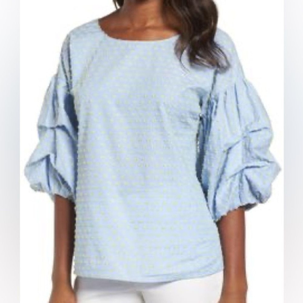 Halogen Nordstrom Swiss Dot Blouse Volume Sleeves, Blue w/Lime, Size 14/16